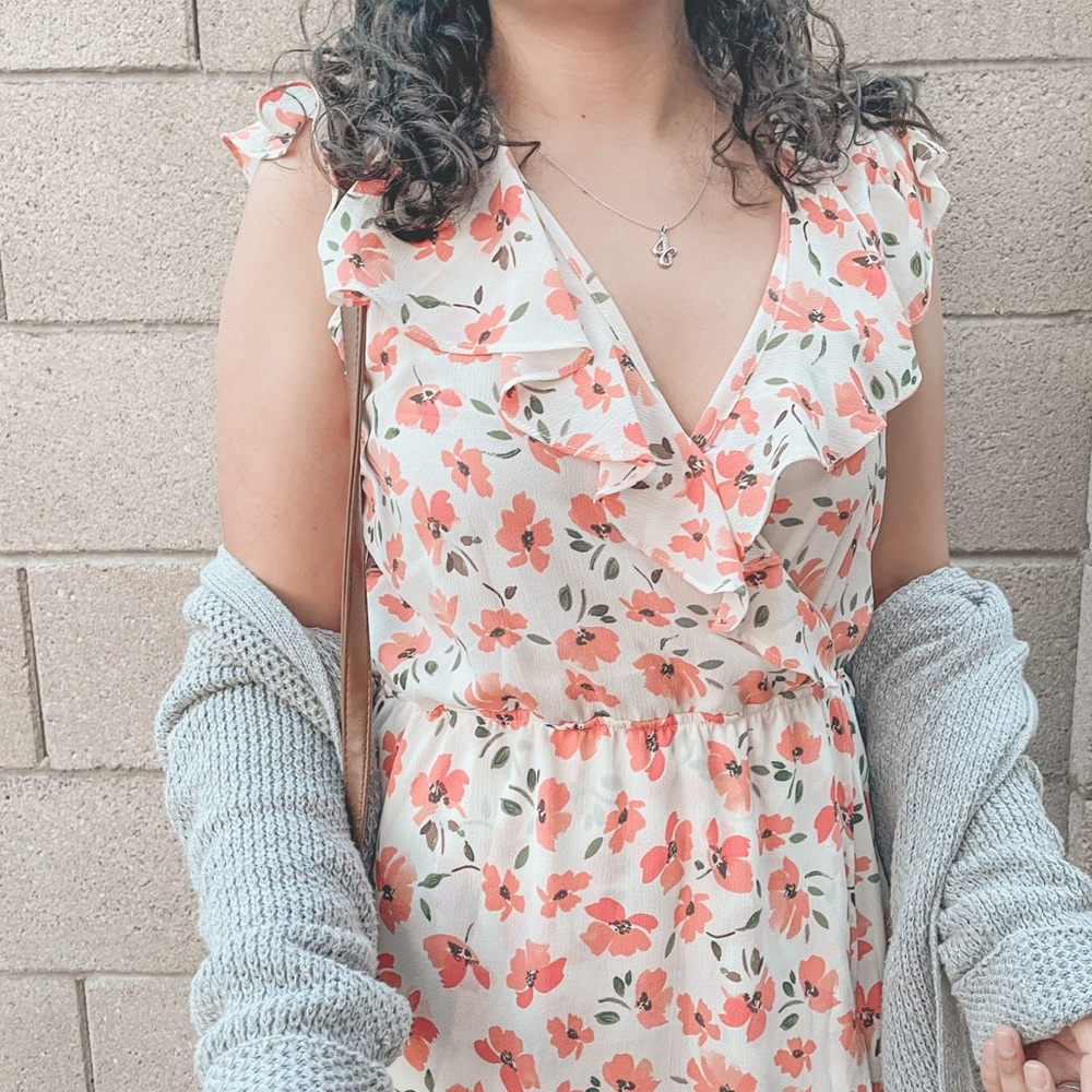 ‼ Orange Flores Dress Fall-Ready with Ruffles - Picture 2 of 4